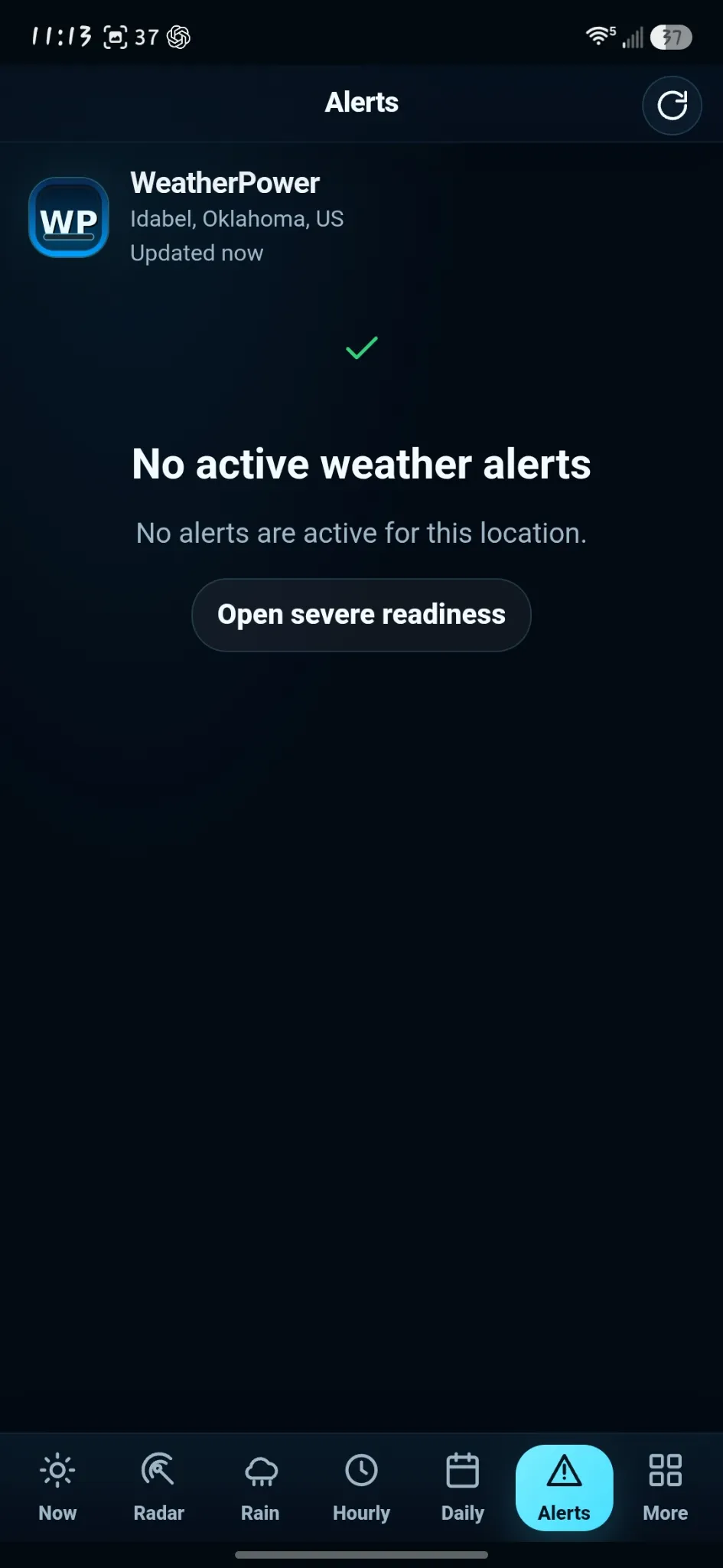 WeatherPower 1.8.0 Alerts screen
